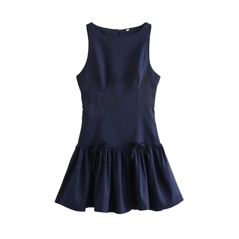 Women's Ruffled Mini Dress with Bows, O Neck, Sleeveless, Back Zipper, Female Dresses, Chic Fashion