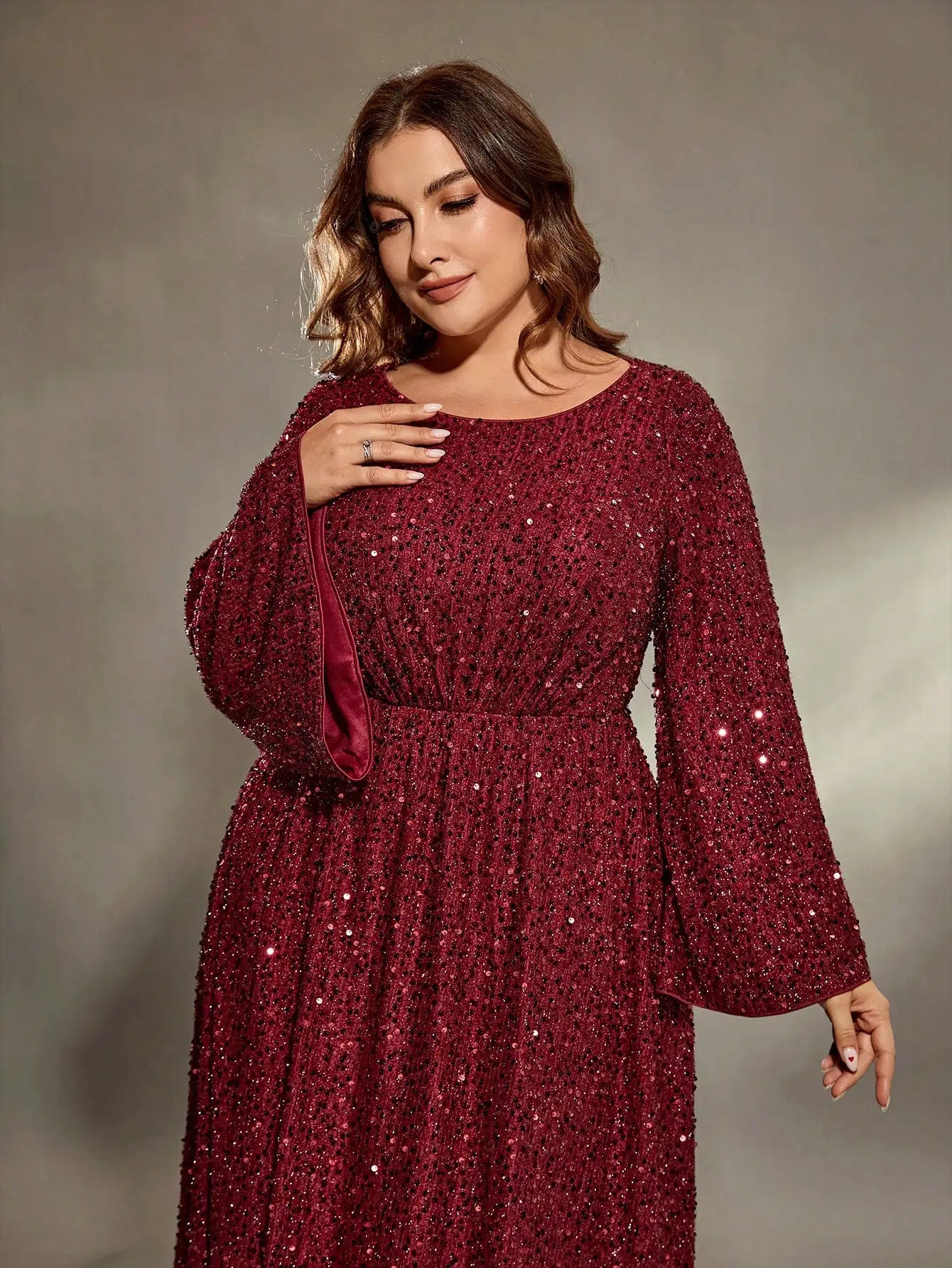 Mgiacy  plus size  Round neck flared sleeves bust pleated sequins A full skirt Evening gown PROM dress Party dress