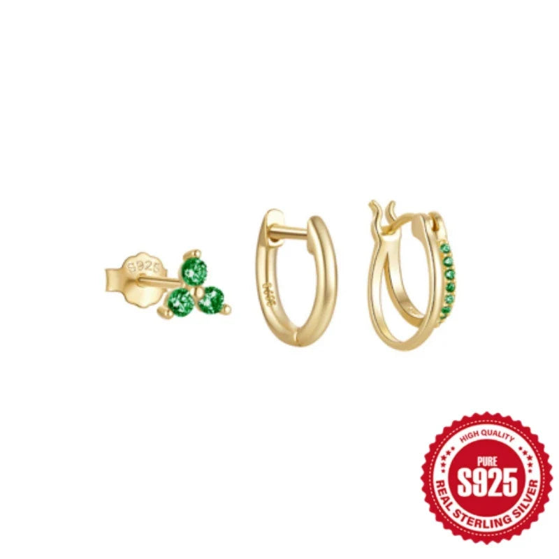 Aide 3pcs Set 925 Sterling Silver Double Gold Hoop Mini Zircon Stud Earrings For Women Hypoallergic Elegant INS Piercing Jewelry