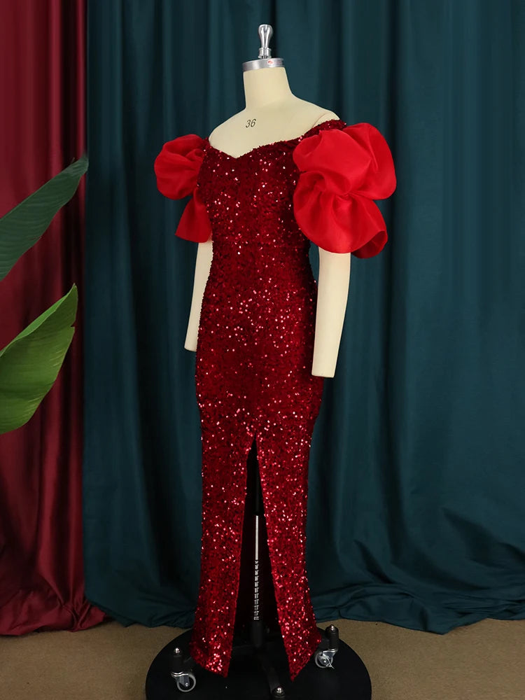 Homecoming Dresses: Off Shoulder Fluffy Sleeve High Slit Velvet Robes Big Size