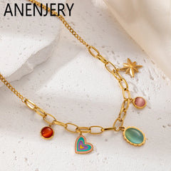 316L Stainless Steel Colorful Stone Heart Star Pendant Necklace For Women