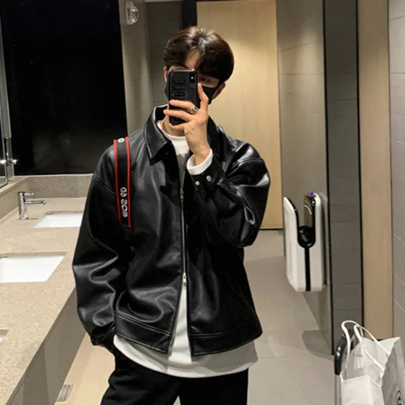 Korean Chic Double Zipper Men's PU Leather Jacket Black Simple