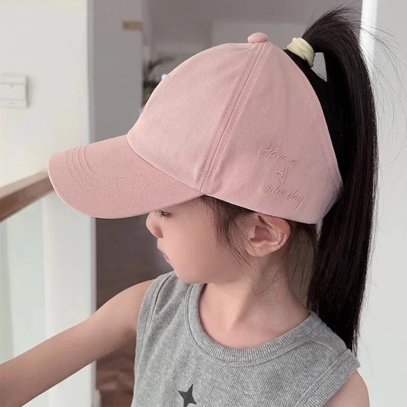 Kids Baseball Caps for Boys Girls Sun Hat Love Heart Hollow High Ponytail Caps Children Adjustable Baseball Caps for 4-12 Years