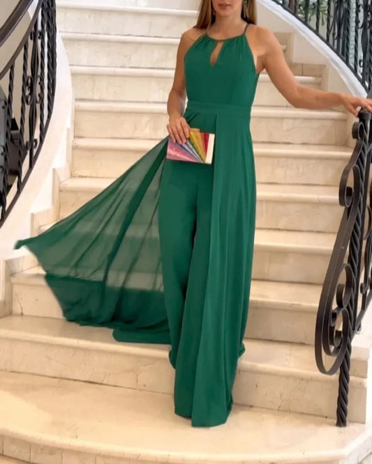 Spring New Fashion Woman Long Jumpsuits Elegant Sleeveless Ruched Sexy Backless Asymmetrical Hemline Jumpsuit