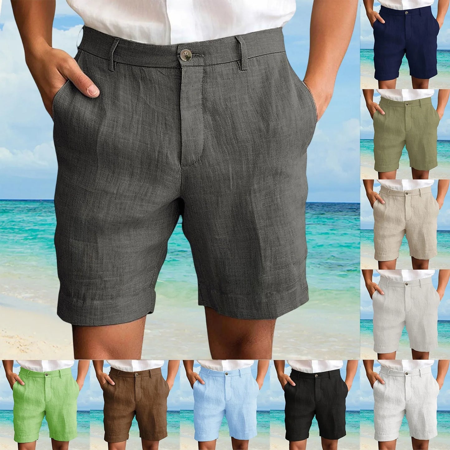 2025 Summer Cotton Linen Shorts for Men Solid Casual Button Pocket Beach Shorts Men's Comfortable Simple Vacation Leiture Pants