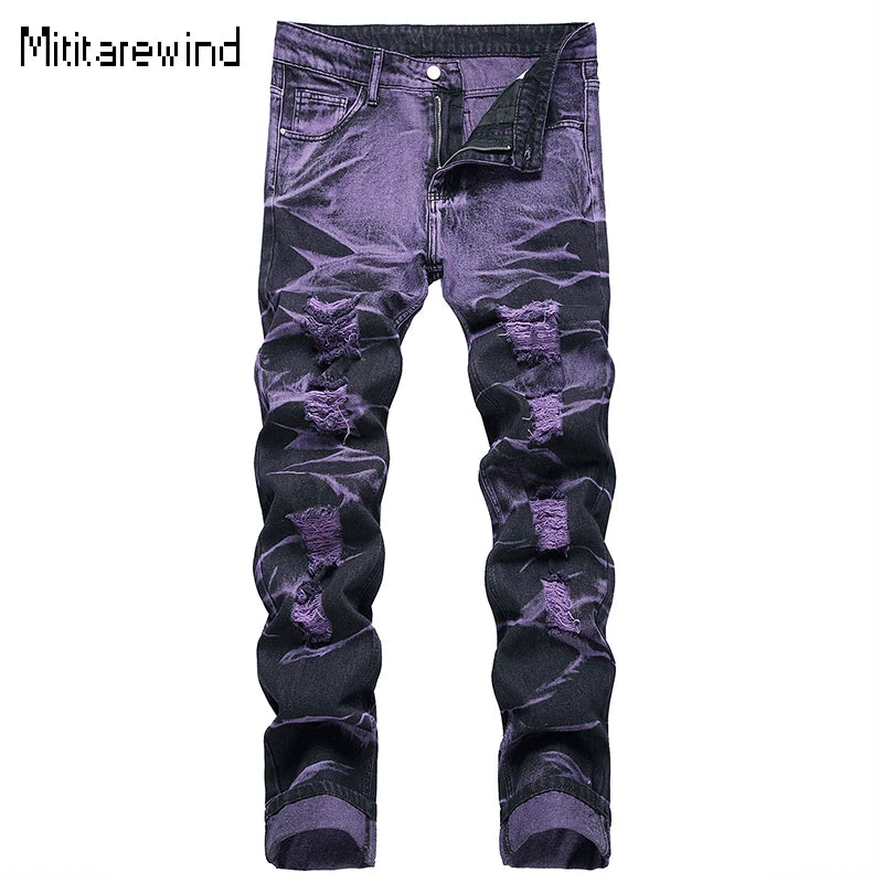 High Street Ripped Jeans for Men Four Seasons Causal Denim Pants Personalized Purple