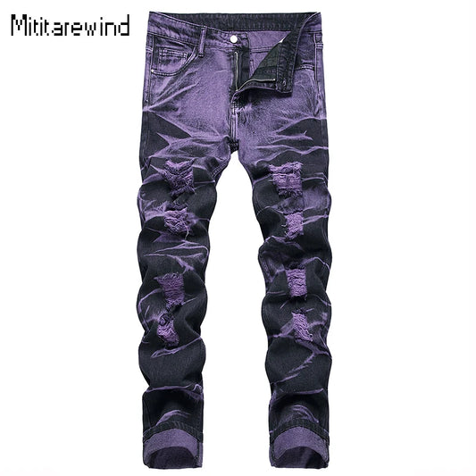 High Street Ripped Jeans for Men Four Seasons Causal Denim Pants Personalized Purple