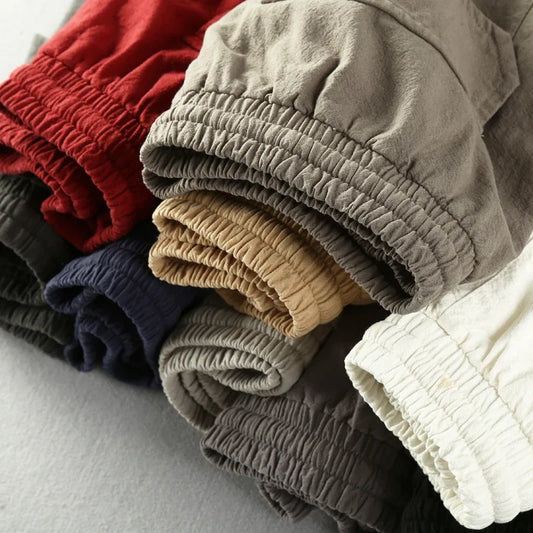 Schinteon Summer Men Casual Cotton Linen Shorts Knee Length Beach Elastic Waist Shorts Solid Color Comfortable Pants New