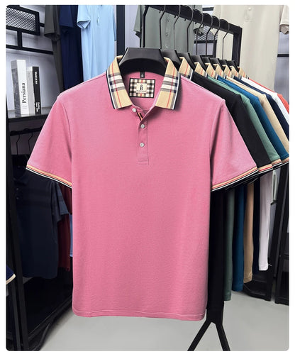 High end silky cotton breathable short sleeve polo shirt men's summer new trend plaid lapel designer brand casual golf T-shirt