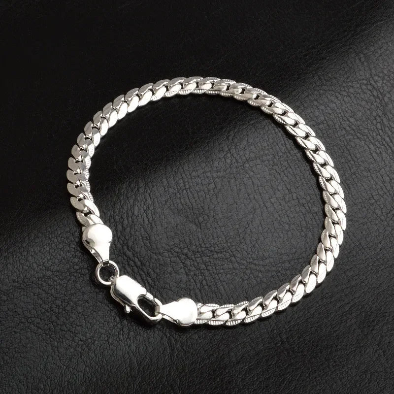 925 Sterling Silver Bracelet 6mm 18/20cm Flat Side Chain Lobster Clasp Bracelet For Woman Man Party Wedding Jewelry Holiday Gift