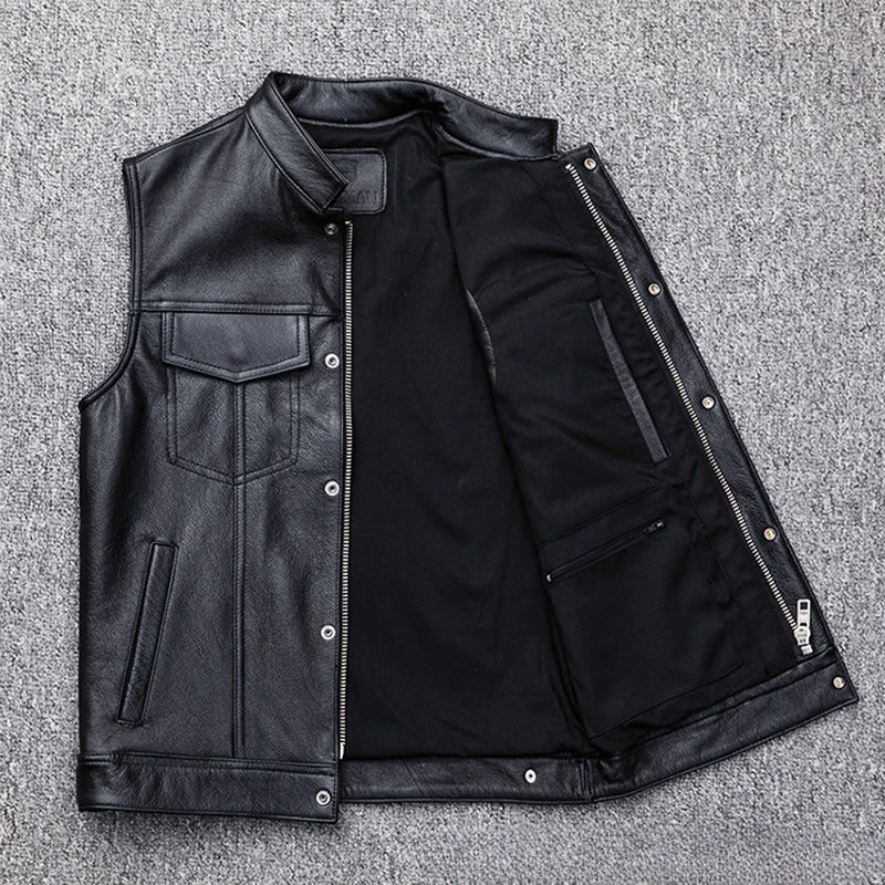 Men's Leather Vest Zipper Button Casual Motorcycle Vest Men's Punk Rock