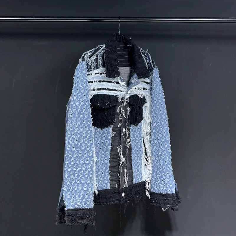 Jackets For Men Long Sleeve Patchwork Tassels Loose Single Breasted Denim Coat
