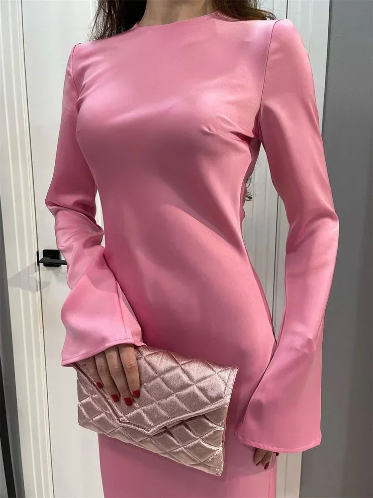 Tossy Satin Fashion Slim Maxi Dress For Women Long Sleeve High Waist