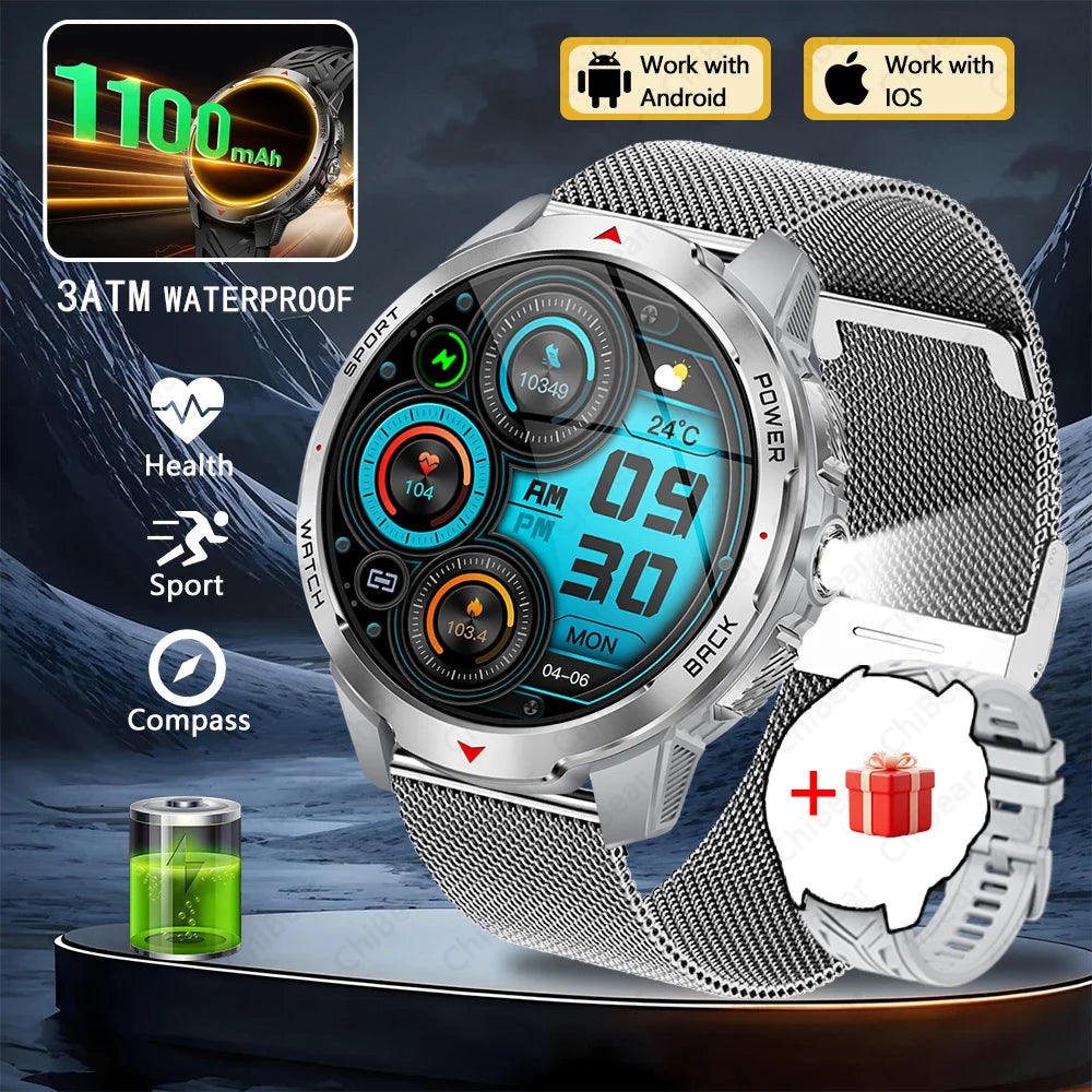 1100mAh Military Outdoor Smart Watch Men 1.7-inch Large Display Compass Sports Watch IP68 Waterproof Bluetooth Call Smartwatch