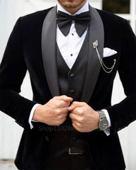 Black Men Wedding Suit Shawl Lapel Groom Wear Tuxedos Business Party 3 Pieces (Jacket+Vest+Pants)Costume Homme