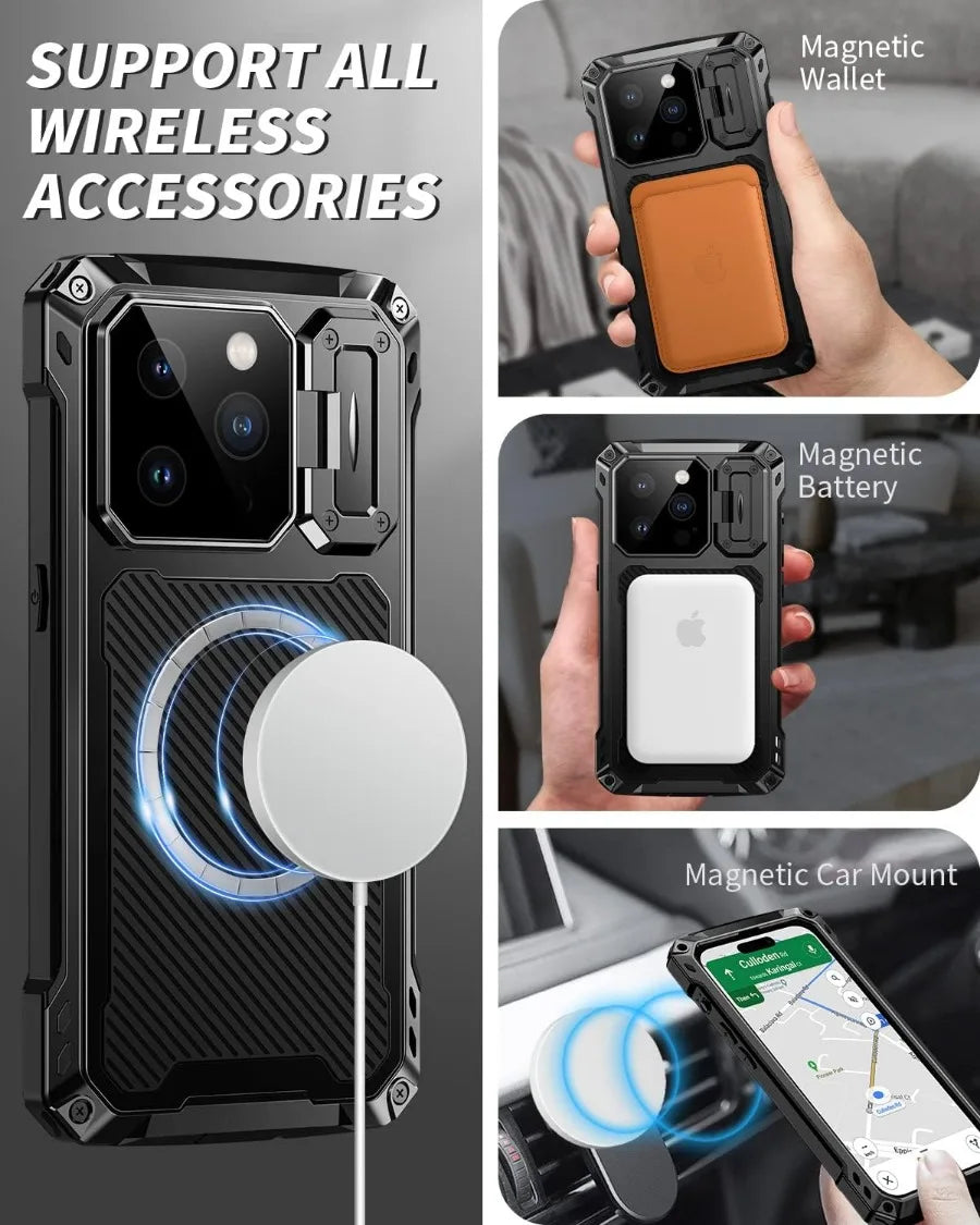 Heavy Duty Military Armor Metal Case For iPhone Air 17 16 15 Plus 14 Pro Max Shockproof Cover Camera Screen Protector Magsafe