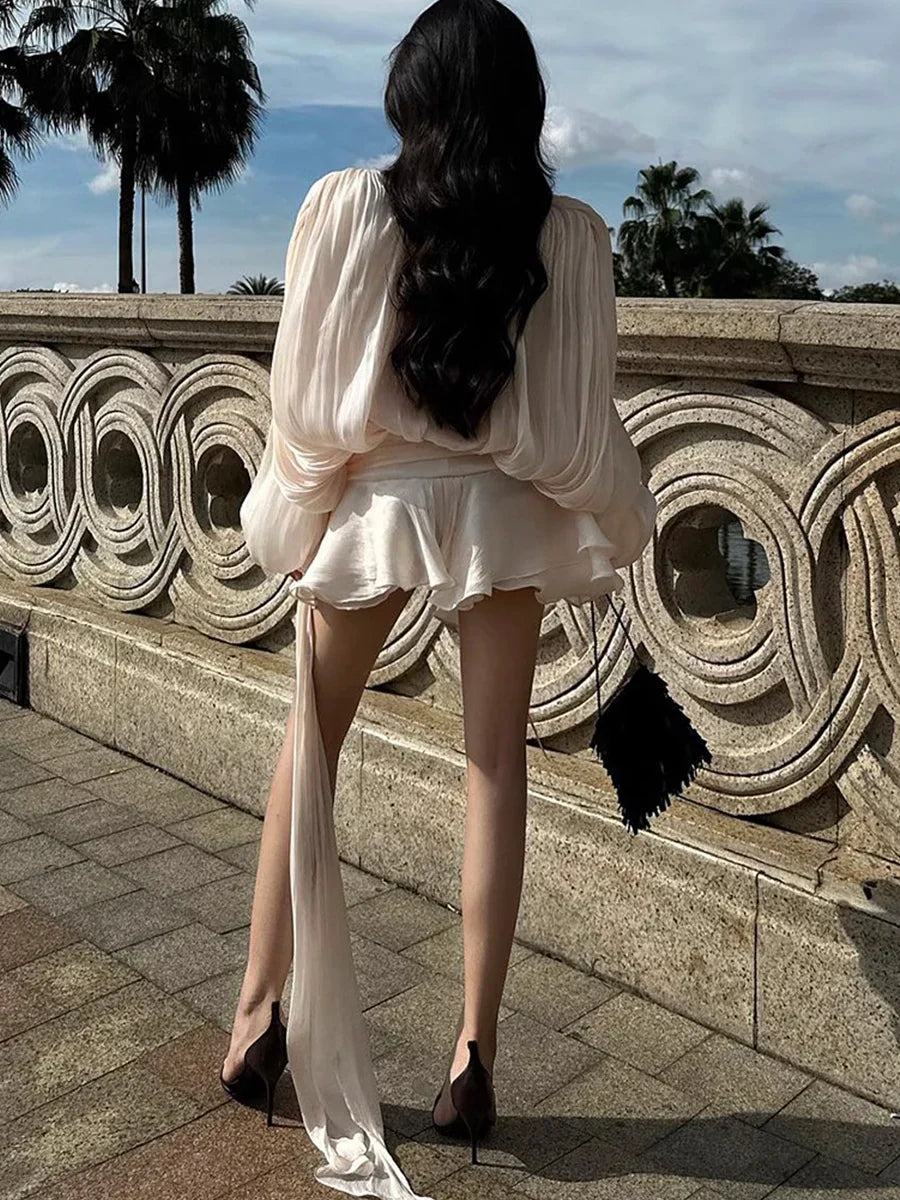 GALCAUR Solid Loose Splicd Lace Up Dresses For Women V Neck Long Sleeves Patchwork Ruffles Tunic Dreses Female Fashio New