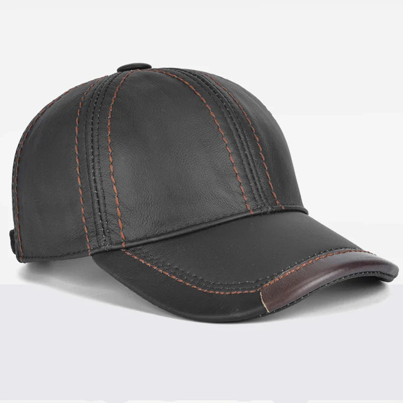 Men Real Cowhide Leather Earlap Caps Male Fall Winter 100% Real Cow Leather Hats New Casual Real Leather Outdoor Baseball Cap