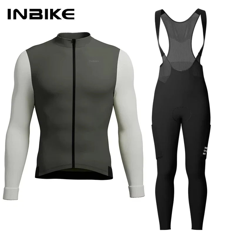 INBIKE Winter Cycling Clothing for Men Fleece Cycling Sets Long Sleeve Jersey with Pockets Long Bicycle Bib Pants for Road Bikes