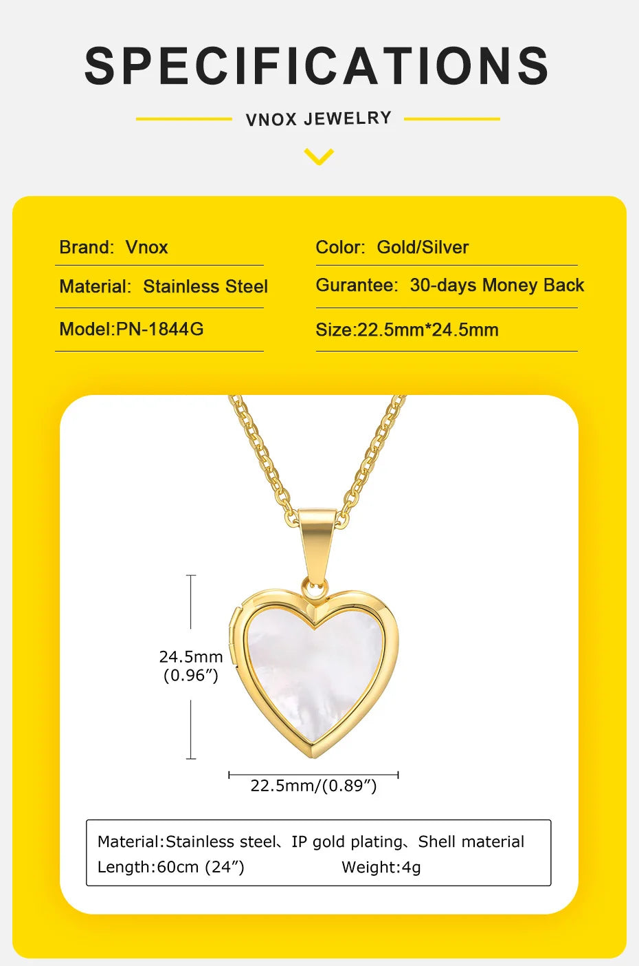 Vnox Women Locket Necklaces, Openable Heart Pendants, Stainless Steel Shell Photo Frame Necklace