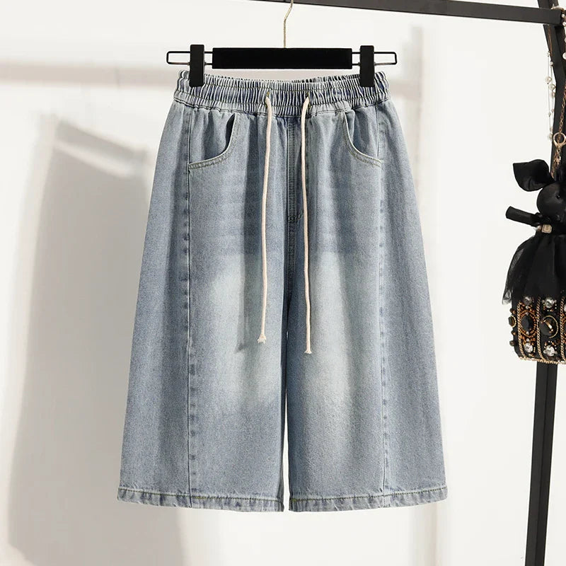 Casual Plus Size Denim Shorts Woman Boyfriend Loose Wide Leg Jeans Short Pants Midi Bermudas Elastic High Waisted Shorts Women