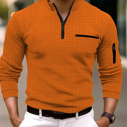 2025 Spring and Autumn New Men's Plaid Turtleneck Zipper Long Sleeve Polo Shirt Sports Breathable Business Casual Polo Shirt