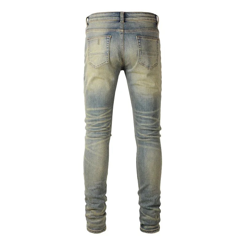 Men Cracked Patch Stretch Denim Jeans Streetwear Holes Ripped Distressed