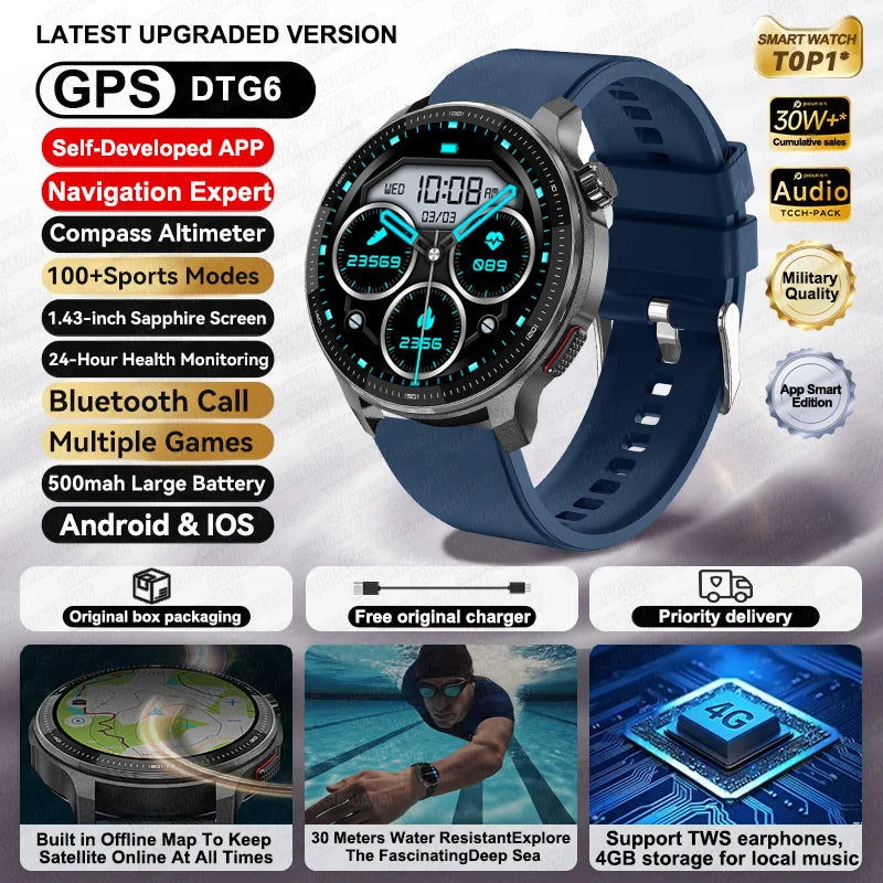 NEW GPS Offline Maps Smart Watch 1.43" AMOLED Military Sports Smartwatch 4GB Memory Video Player 30m Swim Waterproof Bracelet