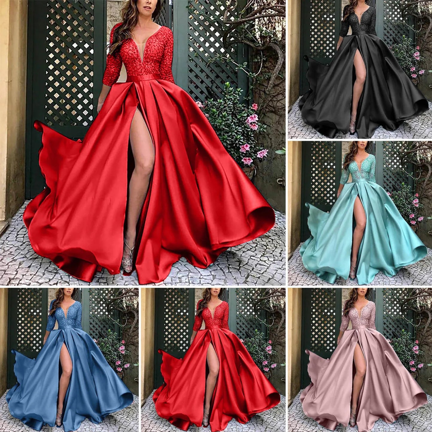 Evening wear Dresses: Prom Dress V Neck Women Dresses Big Swing Long Dress