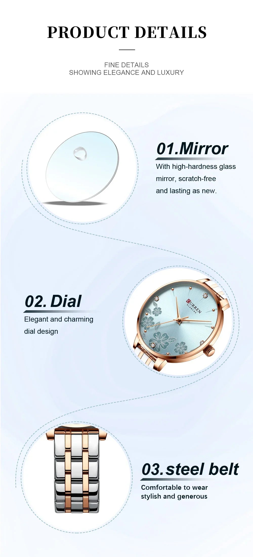 CURREN Fashion Quartz Wristwatches for Women Simple Stainless Steel Watch Bracelet with Flower Design Dial