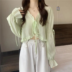 Sweet Ruffle Lace Up Cardigan Women Summer Long Sleeve Sunscreen Jacket