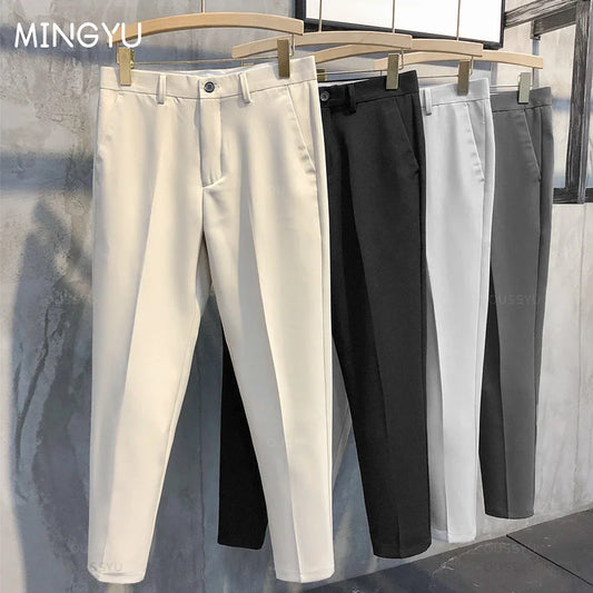 Ankle Length Pants Men Slim Work Jogging Social Formal Suit Trousers Male Brand Khaki Black