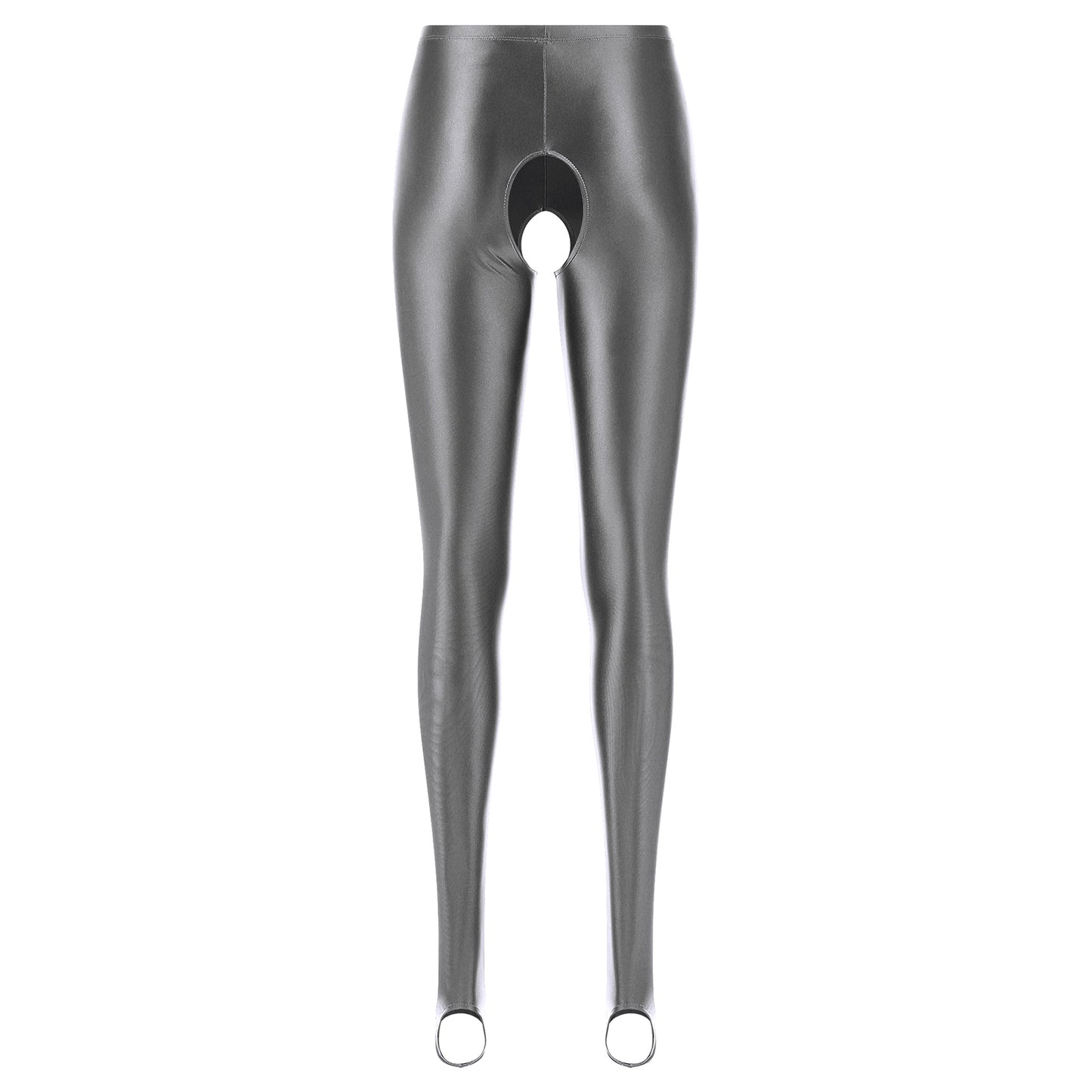 Womens Lingerie Glossy Open Crotch Stirrup Tights Leggings Stretchy Smooth Mid Waist