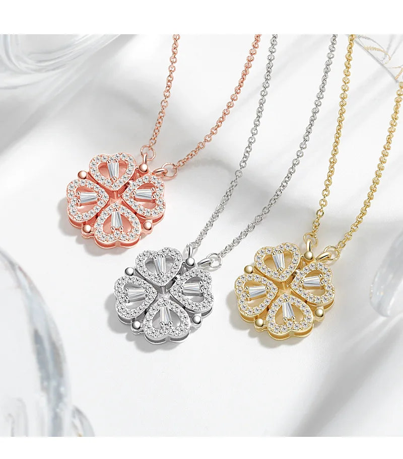 CARLIDANA Transform Luxury Four Leaf Clover Pendant Necklace  Stainless Steel Crystal Gold Color Heart Jewelry for Women Gift