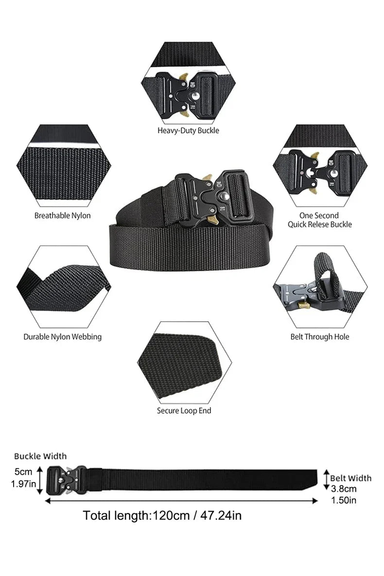 Men Tactical Belt Quick Release Outdoor Zinc Alloy Buckle Belt Soft Real Nylon Sports Hiking Camping Hunting Belt