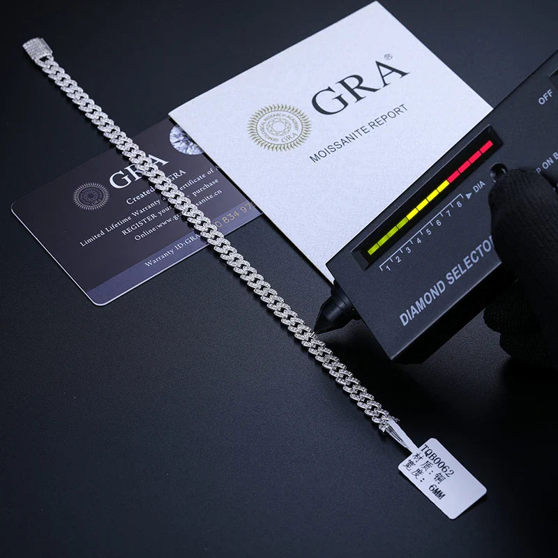 6mm Solid 925 Sterling Silver Miami Cuban Chain Bracelet For Women Men Iced Out Moissanite GRA Certified Hip Hop Jewelry Gifts