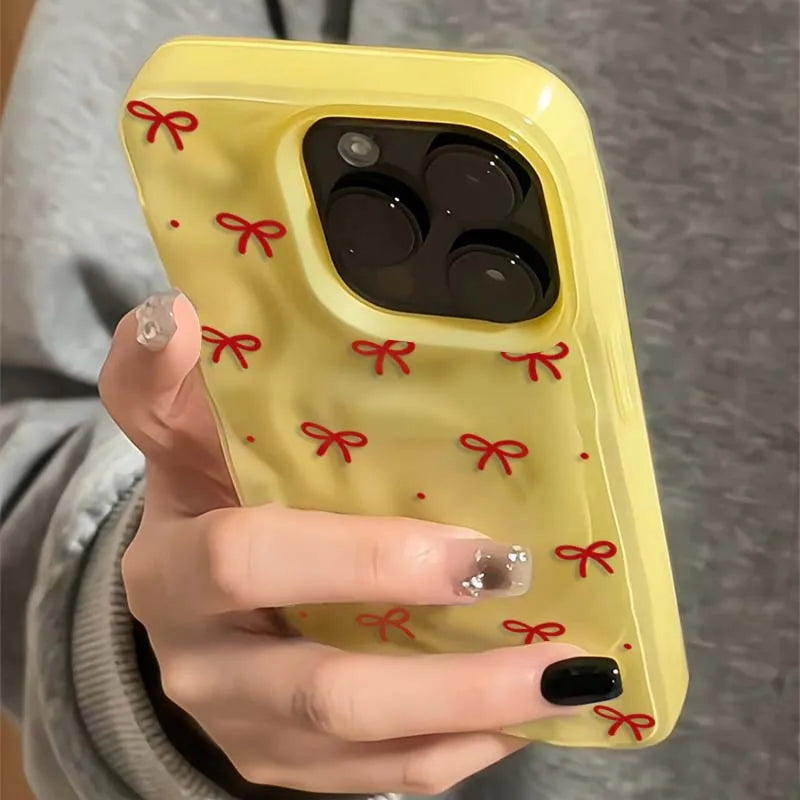 Red Bow Dots Folds Texture Phone Case For iPhone 11 Funda iPhone 17 13 14 15 16 Pro Max 12 Plus 14promax Shockproof Soft Cover