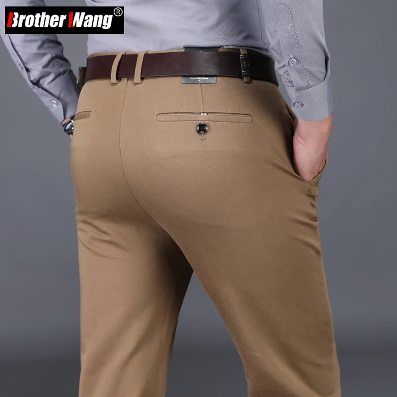 Classic Style Men's Brown Business Straight Casual Pants Solid Stretch Cotton High Waist