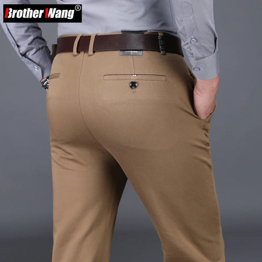 Classic Style Men's Brown Business Straight Casual Pants Solid Stretch Cotton High Waist