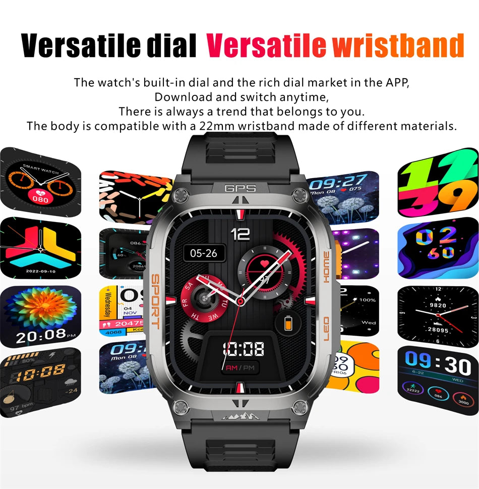 2025 New GPS Tracker Smart Watch Men LED Flashlight 1.96'' HD Screen Compass Watches Bluetooth Call Waterproof Sports Smartwatch