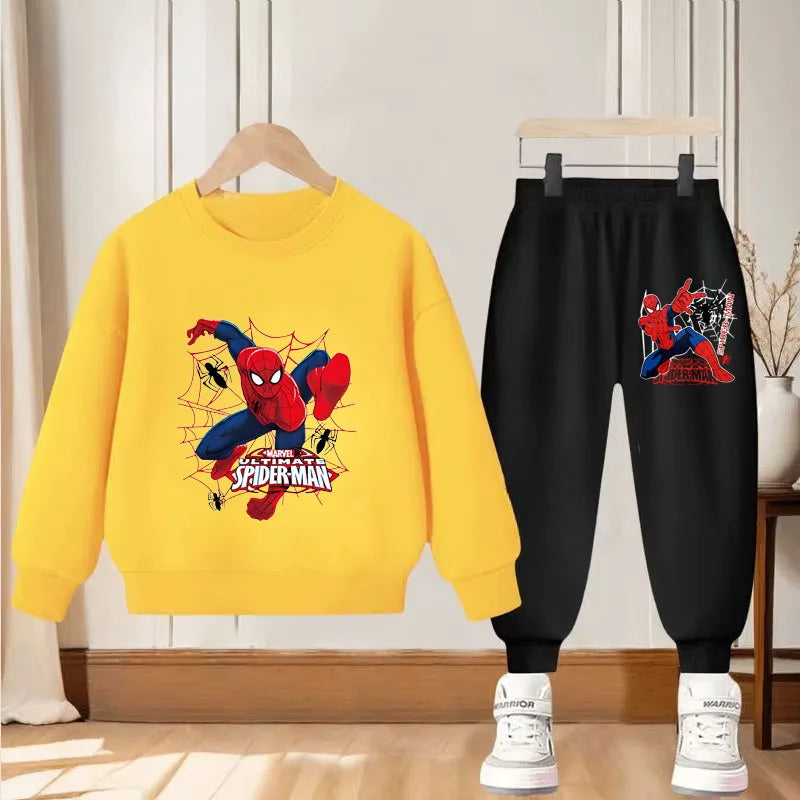 Disney Boys Casual Hoodies Sets Cartoon Spider-Man Printed Children's Pullover Long Pant 2 Piece Suit Autumn Kids Sweatsuit