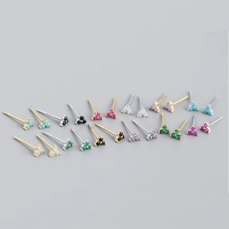 WANTME 925 Sterling Silver Romantic Color Zircon Three-petal Flower Stud Earrings for Women Fashion Huggies Piercing Jewelry