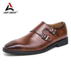 Luxury Monk Leather Men Shoes Buckle Pointed Slip On Loafers Dress Shoes