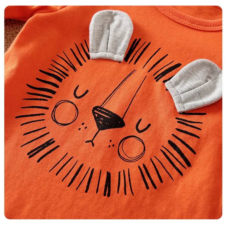 Animal - Orange lion print long sleeve with pants cotton fashion set，0-18 months Newborn Baby boy Spring and Autumn Round Neck