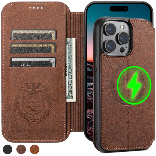 Wireless Charging Leather Phone Case For iPhone 12 13 14 15 16 Plus 17 Pro Max Flip Cover Wallet Card Holder