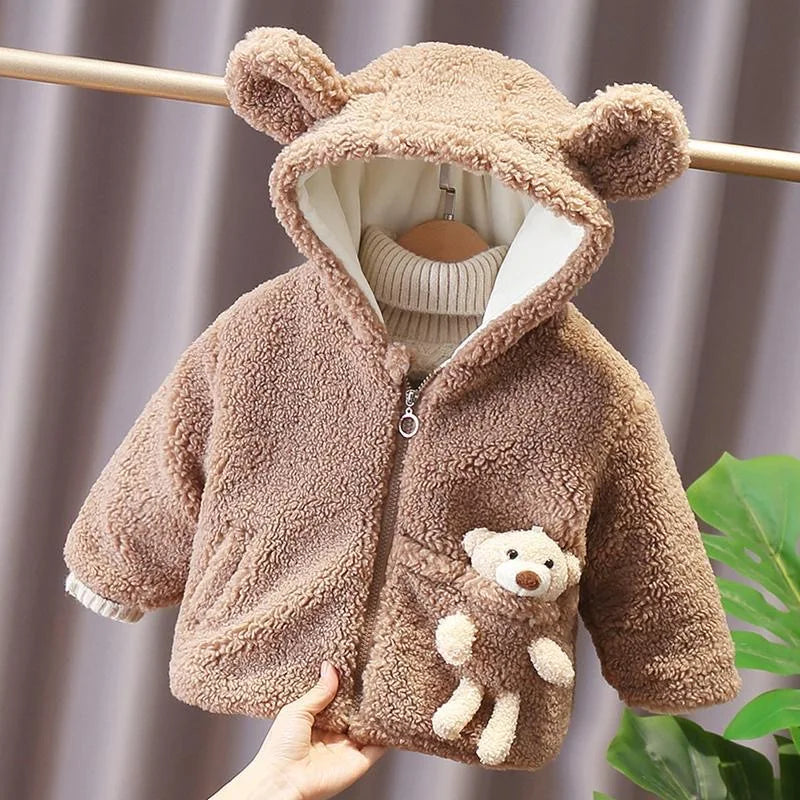 Baby Boy Jacket Winter Thicken Warm Hooded Children's Outerwear Cute Bear Plush Coat