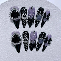 10pc detachable stiletto almond dark cool y2k press on nails ballet Black chain handmade full cover fake nail with glue Nail Art