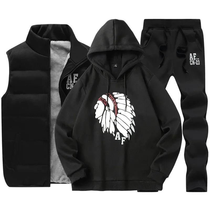 3 Pieces Set Hoodies+Vest+Pants Casual Track Suit Clothing Coats Winter Thick Warm Tracksuit for Couple Printed Mens Set Vest
