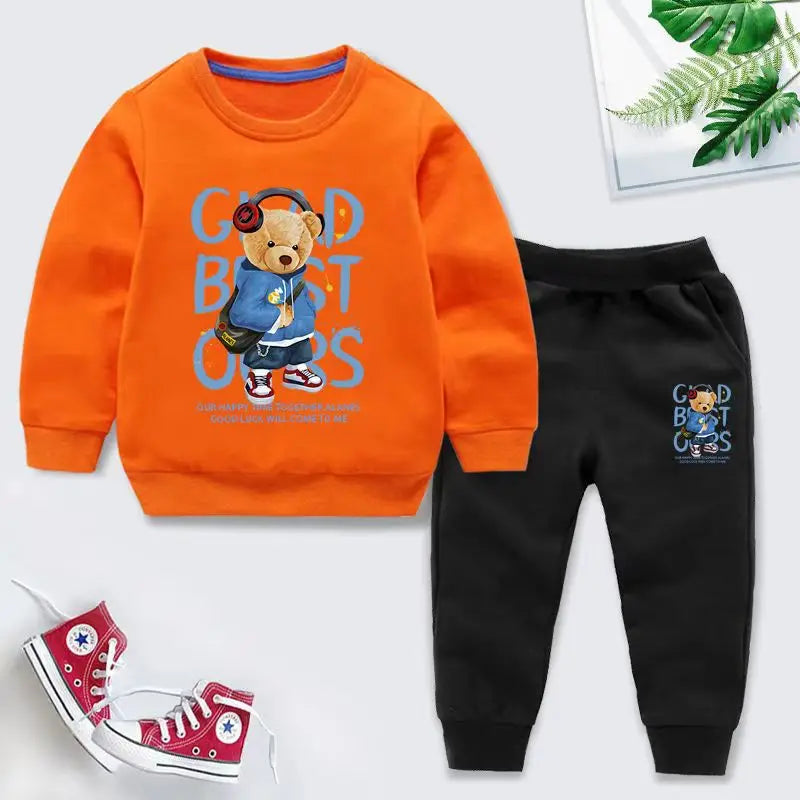 Autumn Children Boy Clothes Set Kid Girls Cute Bear Printed Sweatshirts Pullover Top And Pants 2pcs Suit Baby Fashion Tracksuits