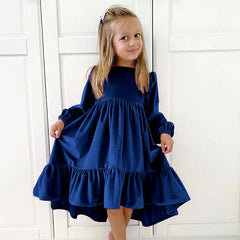 Girls Spring Autumn Winter Velvet Long Sleeve Ruffle Hem Dress